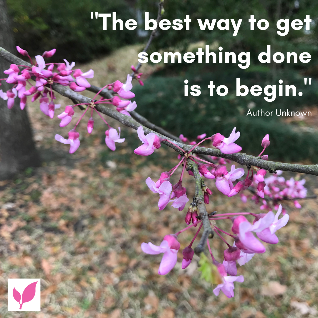 Branch of a tree covered with small pink flowers in the spring.  Text - The Best way to get something done is to begin.