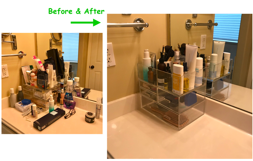 Before and after of a bathroom sink with many products
