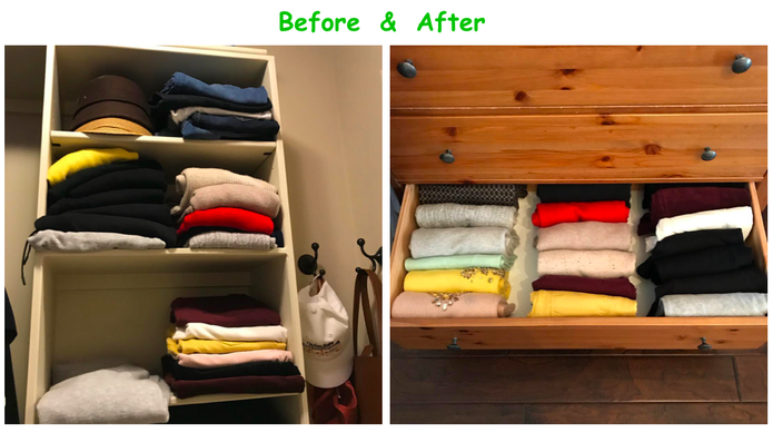 Before photo of vertical shelves with stacks of unkempt pants and sweaters. After photo of folded pants and sweaters in a drawer folded and stored vertically KonMari style.