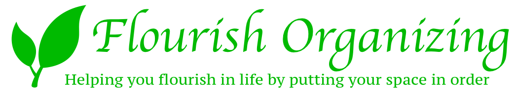 Two green leaves growing logo for Flourish Organizing Company; Helping you flourish in your life by putting your space in order