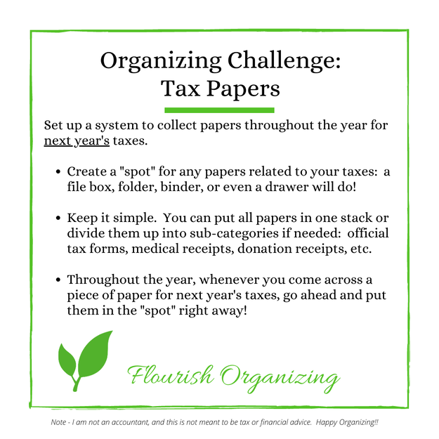 White Instagram image with a green border.  It says Organizing Challenge: Tax Papers